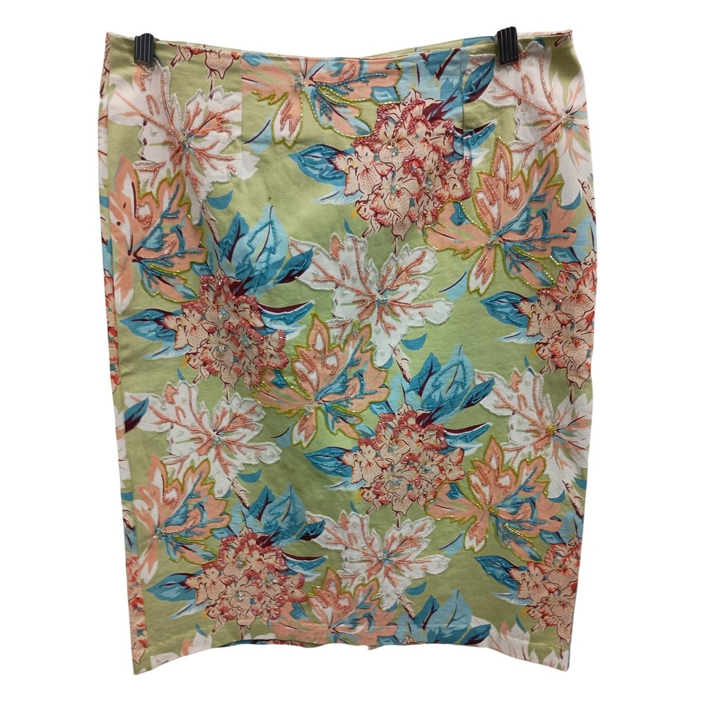Vintage 90s Dolce Apparel Pencil Skirt Womens L‎ Green Floral Tropical Beaded